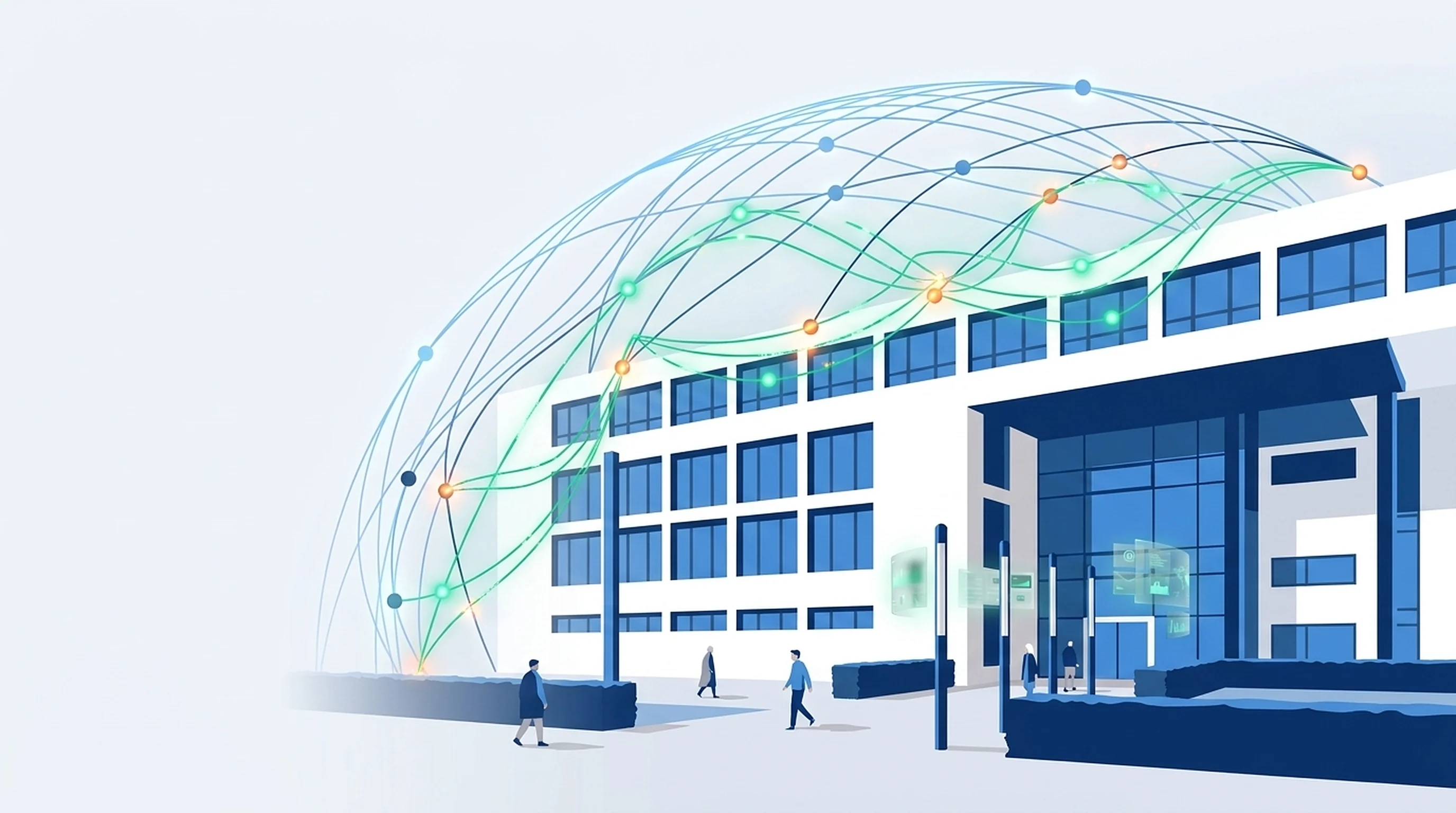 Illustration: die Hauptverwaltung der Handwerkskammer Wiesbaden, blaue und grüne Datenlinien wachsen über dem Gebäude zusammen